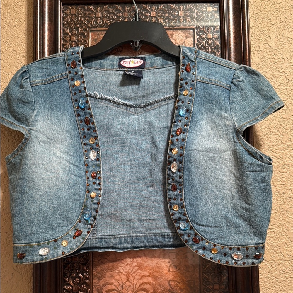 Gently Worn, Zoey Beth, Blue Cropped Jean Jacket with Embellished Jewels.